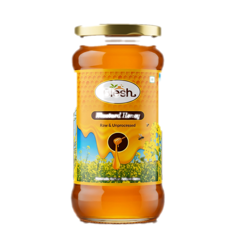 Blesh Mustard Honey jar with mustard flower field label