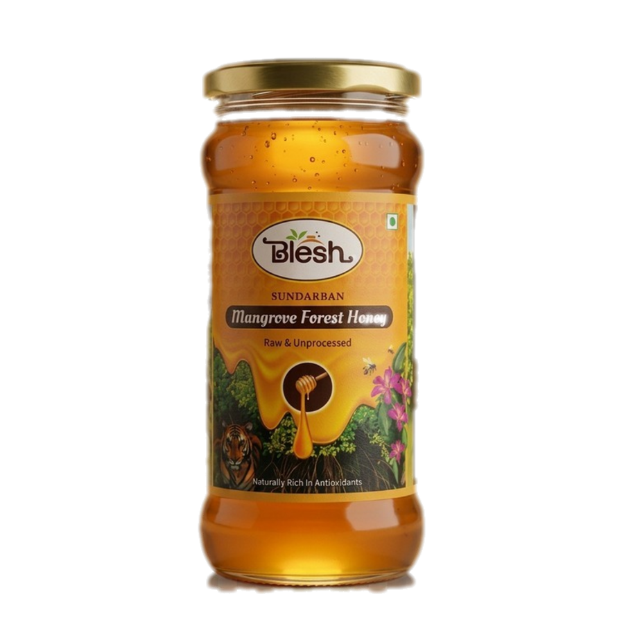 Blesh Sundarban Mangrove Forest Honey jar with tiger and mangrove flower label