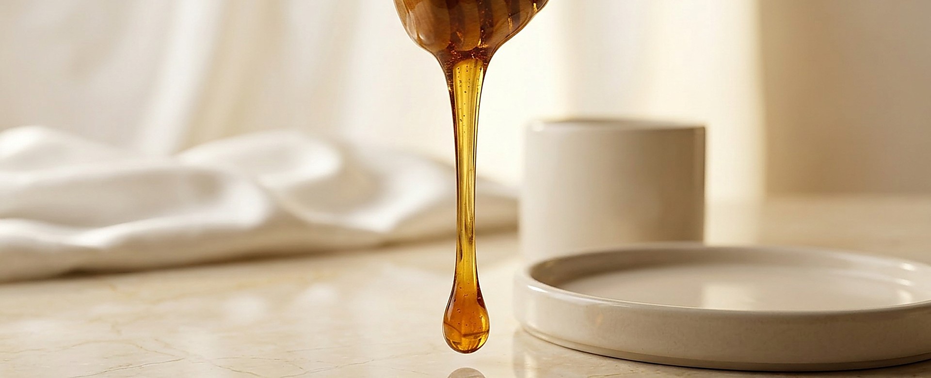 Honey drizzling off a dipper onto a plate